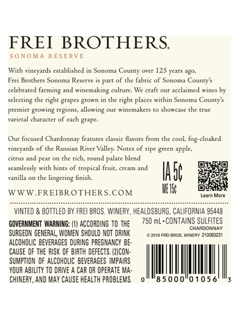 Frei Brothers Russian River Valley Chardonnay V22 750ML image number 4