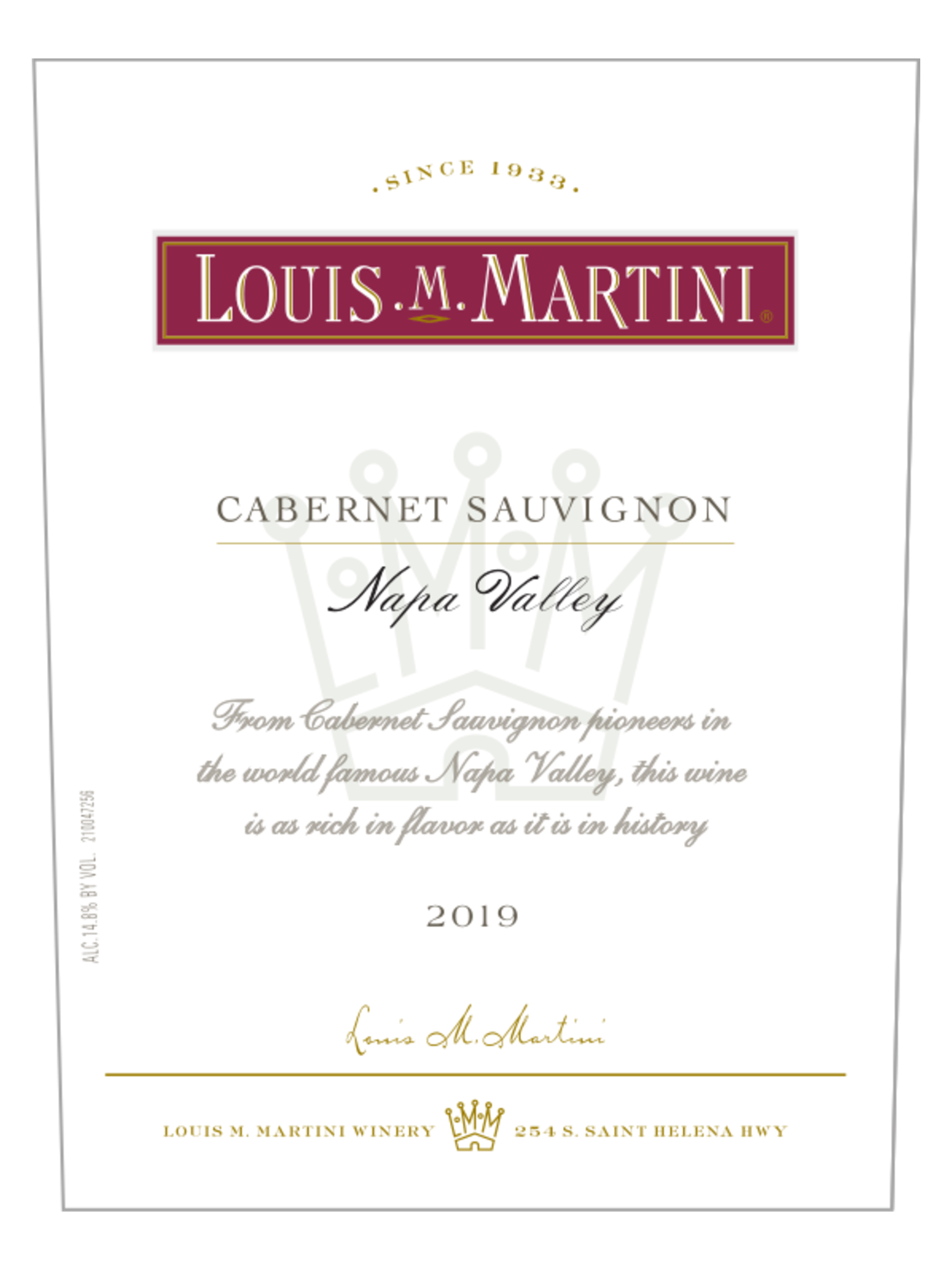 Buy Louis M. Martini Napa Valley Cabernet Sauvignon V19 750ML Wine