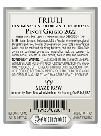 Jermann Pinot Grigio Friuli DOC V22 750ML image number 4
