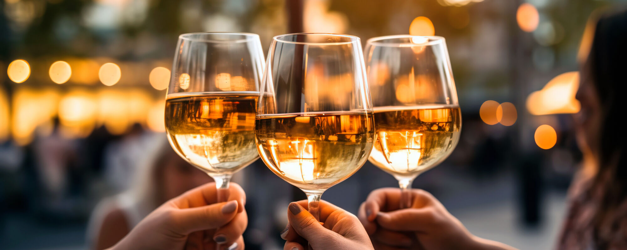 White wine glasses toasting