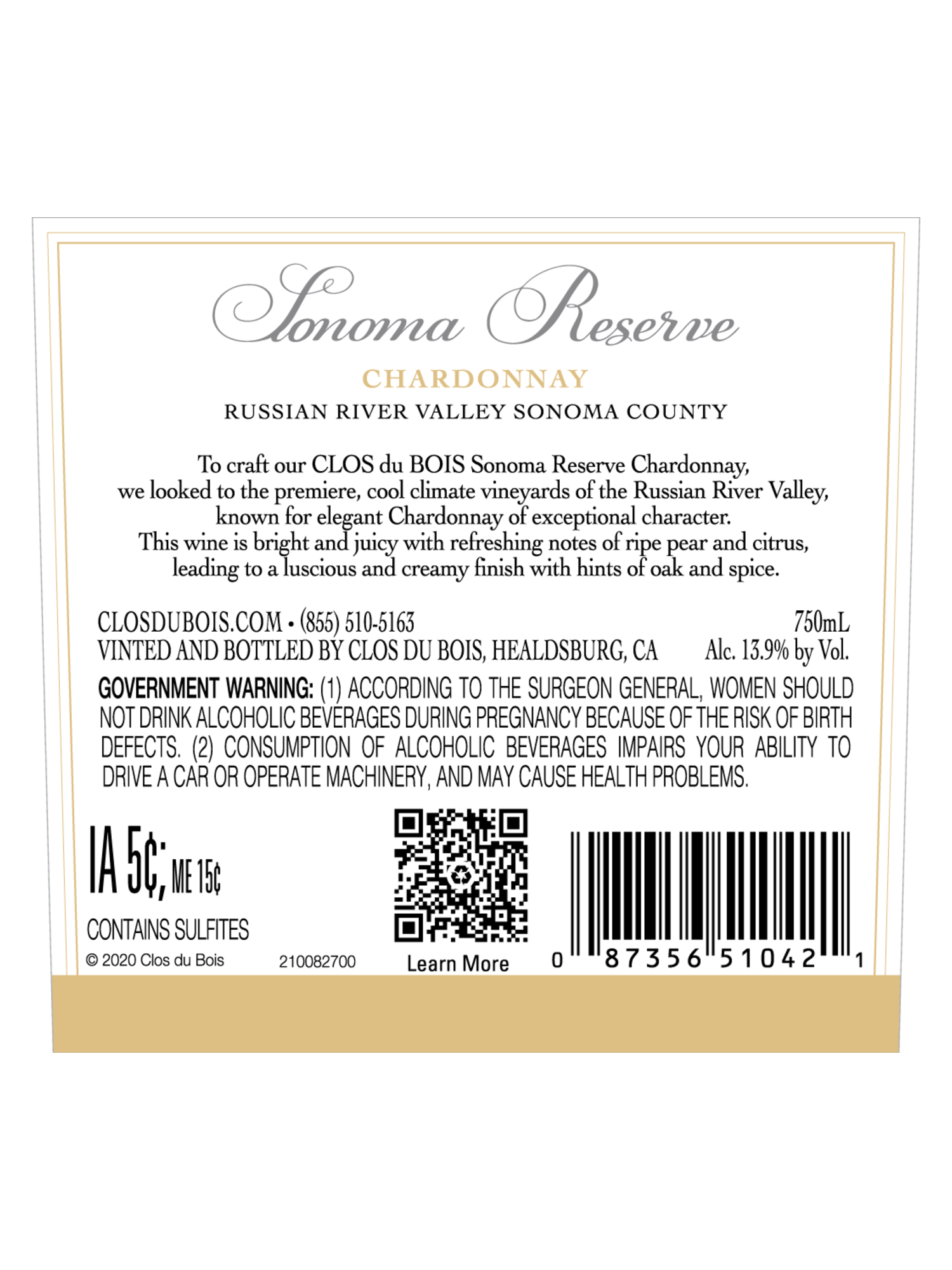 Clos du Bois Sonoma Reserve Russian River Valley Chardonnay V22 750ML image number 3