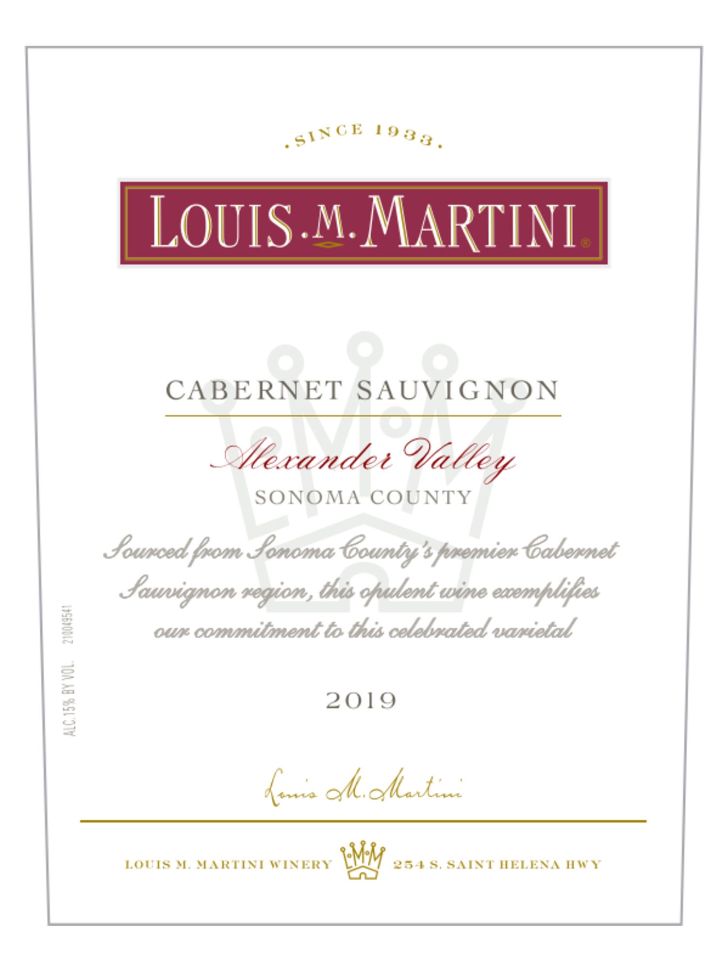 Louis M. Martini Alexander Valley Cabernet Sauvignon V19 750ML image number 3