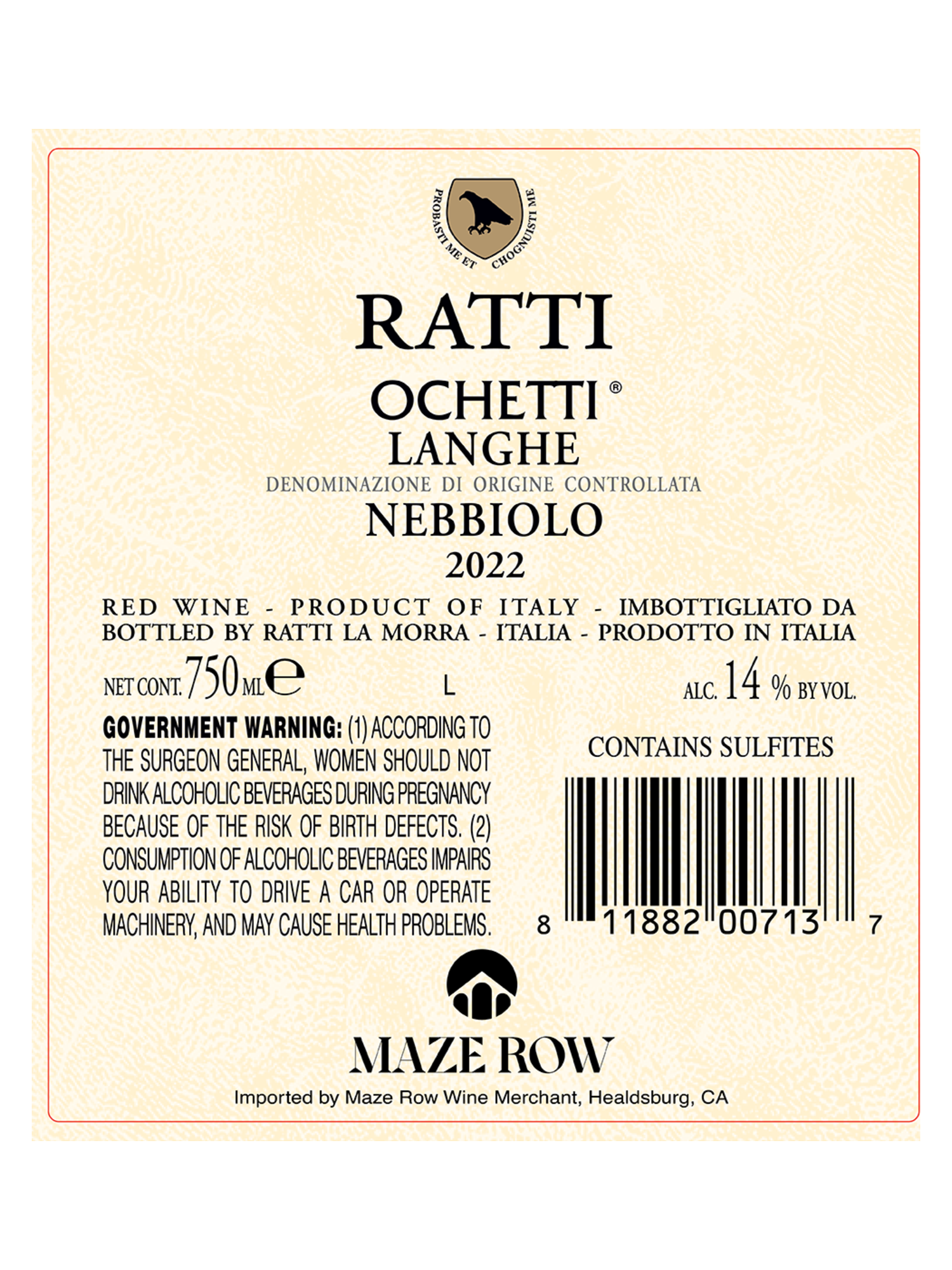 Ratti Ochetti Langhe Nebbiolo DOC V22 750ML image number 3