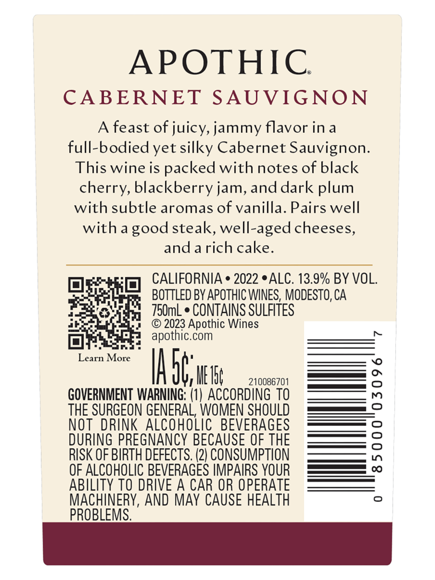 Apothic Cabernet Sauvignon V22 750ML image number 4