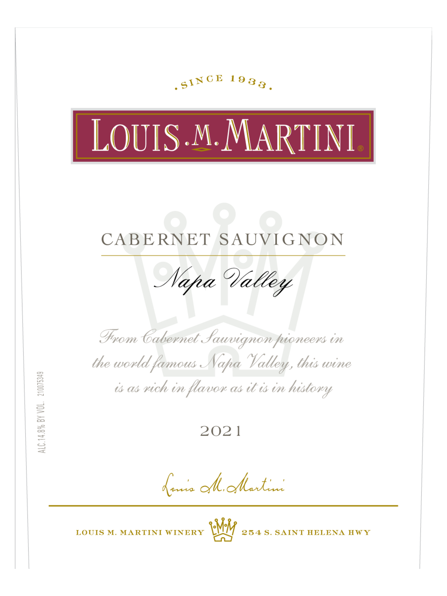 Louis M. Martini Napa Valley Cabernet Sauvignon V21 750ML image number 3